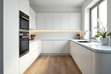 Sleek white cabinetry, quartz counters, modern appliances, cabinets, white countertops