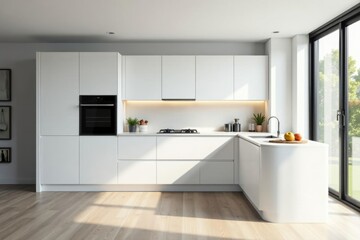 Sleek white cabinetry, quartz counters, modern appliances, bright kitchen, white kitchen, cabinets