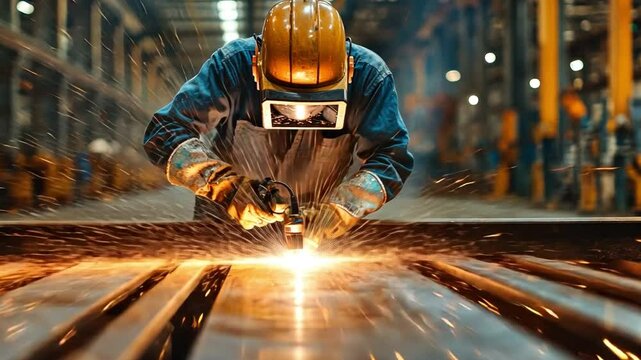 Industrial Precision: A skilled welder, clad in protective gear, meticulously welds metal, his hands sparking with expertise, within a bustling factory setting, illuminating the scene.