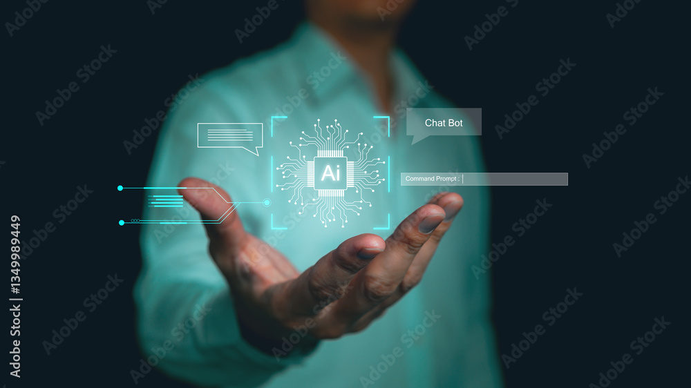 Aufkleber ai technology concept, businessman hold virtual graphic on internet connection and using artificial 