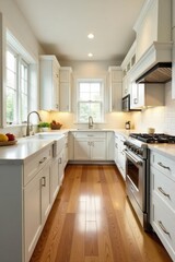 Fototapeta premium Warm oak floors gleam, contrasting crisp white cabinets , contemporary, bright