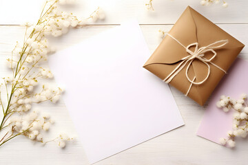 Elegant invitation mockup with blank card and envelope surrounded by daisies and delicate flowers, creating soft and inviting atmosphere
