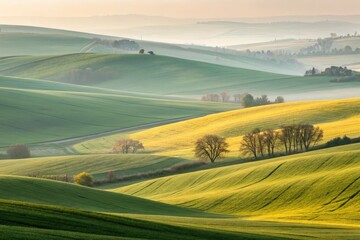 Obraz premium Rolling Green Hills Under Soft Morning Light in the Countryside Generative AI