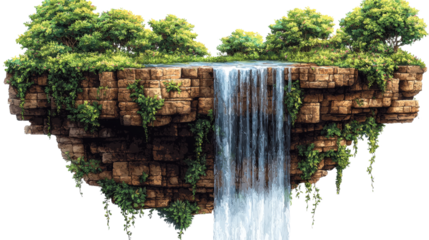 Floating Island with Cascading Waterfall Isolated on Transparent Background – PNG