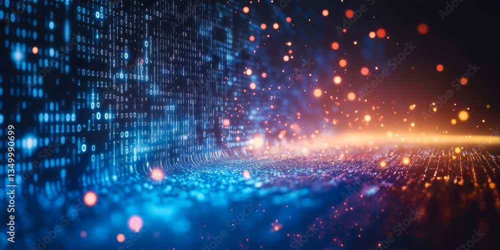 Poster futuristic digital landscape with binary code and data visualization in blue and orange light effect