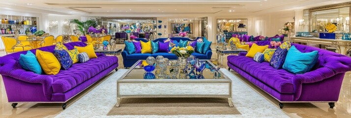 Vibrant purple and blue upholstery furnishings with colorful throw pillows and a decorative coffee table