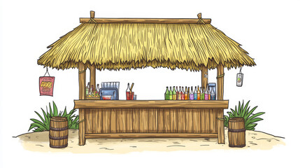 Tiki hut bar, hawaii beach wooden construction with hay roof and bamboo menu, tropical cabin on piles for selling drinks or snacks, summer party shacks, Cartoon vector illustration, icons, clip art