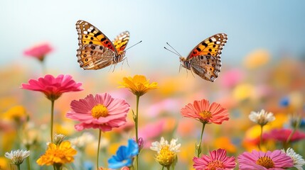 Obraz premium Two butterflies flying over a colorful flower field.
