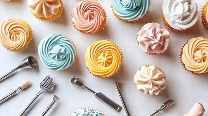 Colorful cupcakes with decorative frosting and piping tools