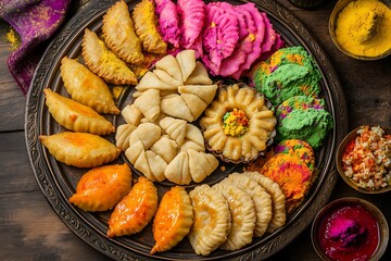 A Top-View Shot of a Festive Platter with Gujiya and Colorful Sweets