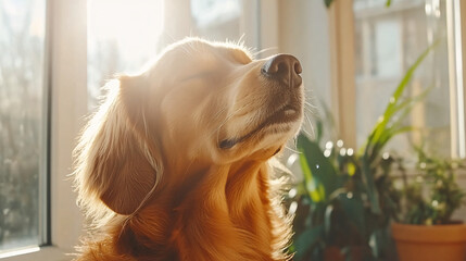 A curious dog gazing up at the sky with wonderment in a relaxed indoor setting surrounded by soft textiles and warm lighting.