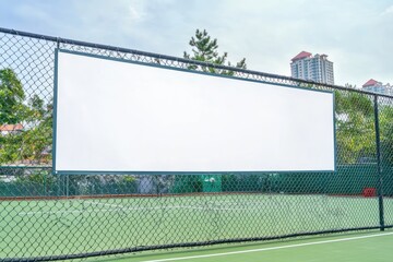 Blank billboard attached to a chain-link fence surrounding a tennis court