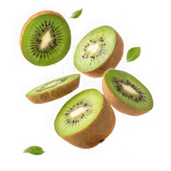 Fototapeta premium Set of 5 kiwi fruit slices and leaves