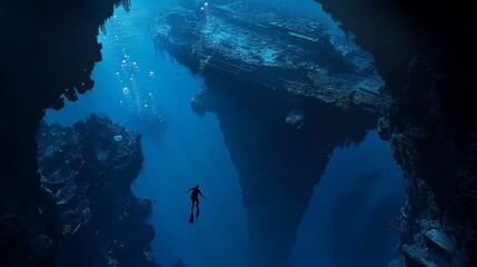Diver explores sunken ship underwater in deep blue ocean, surrounded by coral