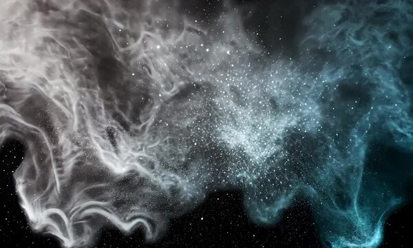 Abstract Smoke Swirls In White And Teal Color Palette With Black Background And Scattered Particles Effect Ideal For Adobe Stock