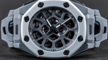 Obraz premium Close-up of a grey skeleton automatic watch with octagonal case.