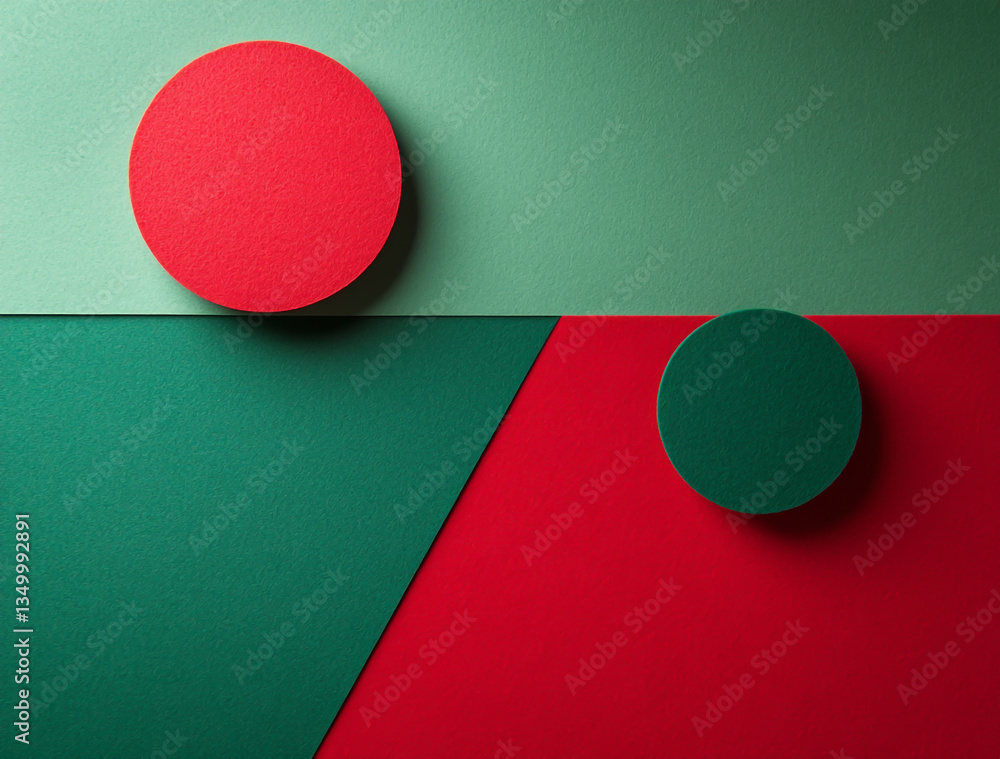 Poster geometric composition featuring red and green circles on a layered paper background design art conce