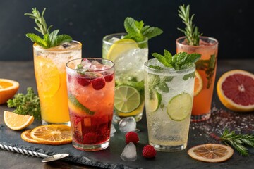 Fototapeta premium Refreshing Summer Drinks on a Dark Surface With Citrus Garnishes Generative AI