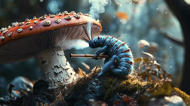 Blue caterpillar on mushroom. Cartoon of caterpillar with blue mushroom. A flies smoke from a pipe. A blue caterpillar perched on a lifestyle mushroom.