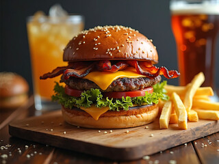 A juicy gourmet burger with melted cheese