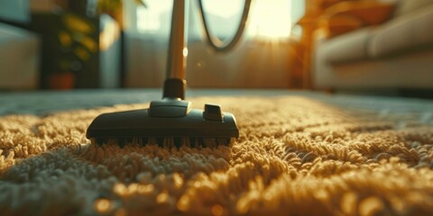 powerful modern vacuum cleaner, removing dirt from a soft beige carpet with a long pile, a bright living room on the background, a horizontal banner for a cleaning company, a poster