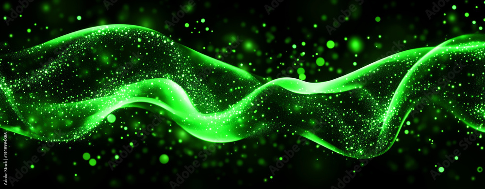 Aufkleber abstract green wave with glowing particles on a dark background for modern technology design use