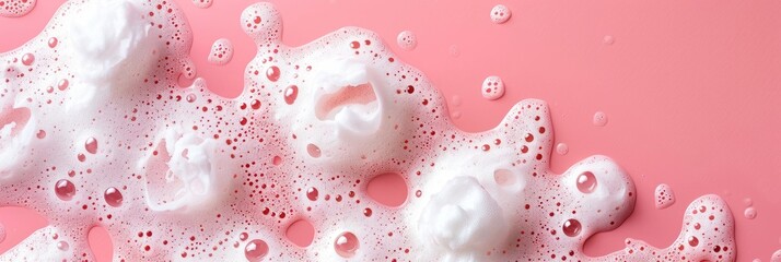 close-up, lush white detergent foam, horizontal banner for a cleaning company or laundry, poster, abstract delicate pink background, copy space, free space for text
