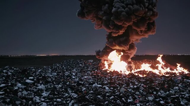 Massive Landfill Fire with Thick Black Smoke Column Against Night Sky