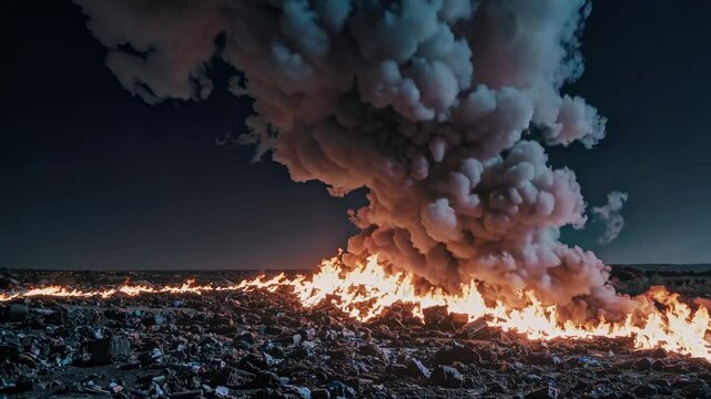 Massive Landfill Fire at Night with Thick Smoke Plume Rising Skyward
