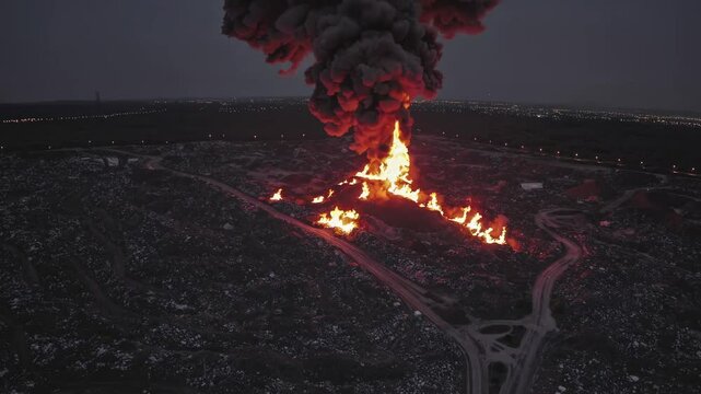 Burning Waste in Landfill at Night with Bright Flames and Smoke
