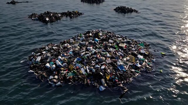 Multiple Plastic Waste Islands Floating on Rippled Ocean Surface