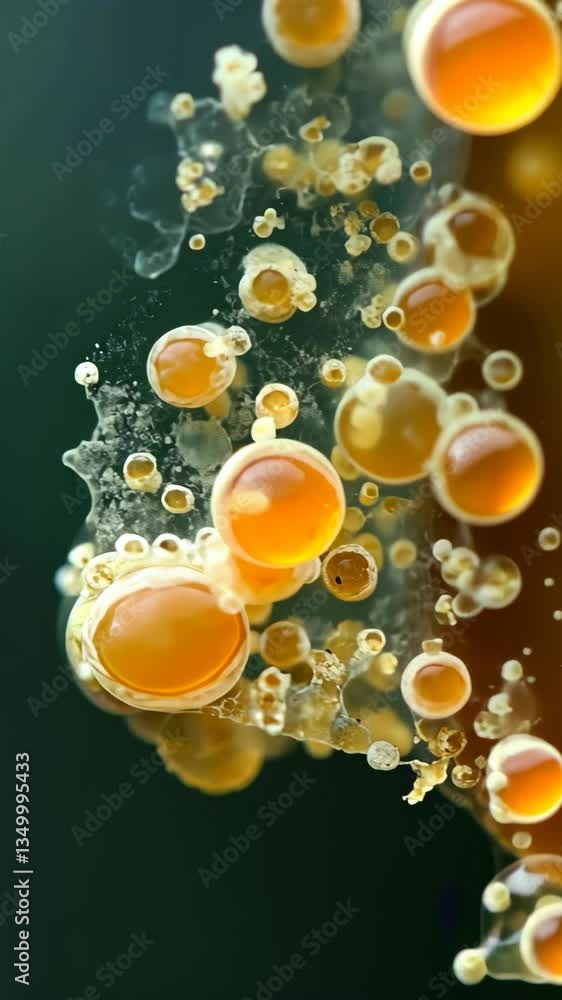 Poster unique close-up of bubbles and droplets floating in a liquid against a dark background