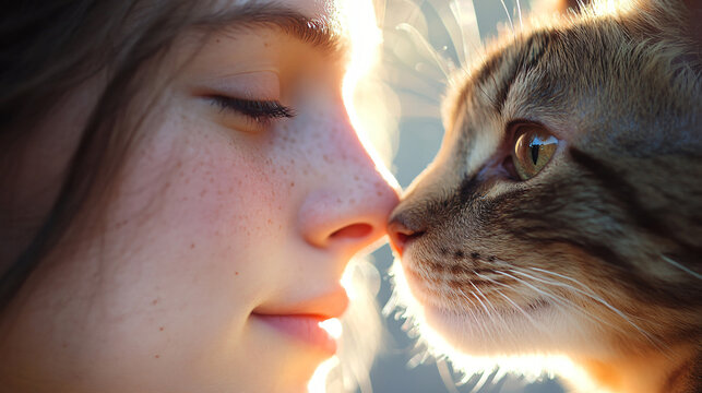 Young girl smiling joyfully while holding a cat in a veterinary clinic environment promoting spaying and neutering awareness.
