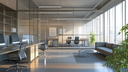 Modern office interior with boss room behind glass wall. Cartoon vector workplace desk with computer and conference table with chairs, sofa and cabinets with documents in folders, windows and plant.