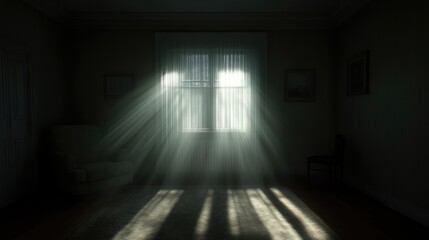 Sunlight streaming through a window in a dimly lit room