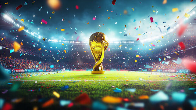 World Cup Trophy on Green Football Field with Vibrant Confetti Amid Bright Stadium Lights Symbolizing Victory and Glory - Football World Cup 2025 Festive Banner 4K Background Download