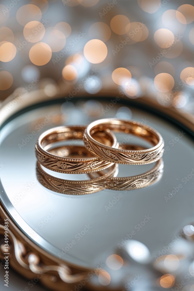 Poster elegant wedding rings displayed on a reflective surface with soft bokeh background highlighting thei