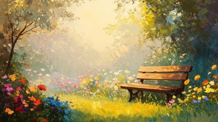 Obraz premium Peaceful park bench in a vibrant flower garden bathed in sunlight