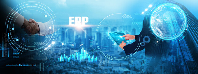 ERP : Businessman analyzing integrated futuristic data and growth. Supply chain management, resource optimization, financial planning, workflow automation, data analytics, performance tracking
