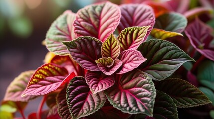 A vibrant and detailed close-up photograph of a single coleus plant, showcasing its intricate patterns and colors