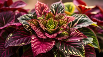 A vibrant and detailed close-up photograph of a single coleus plant, showcasing its intricate patterns and colors