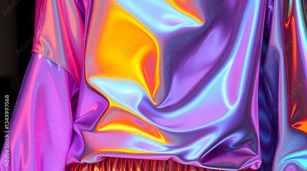 Poster shimmering textile: a close-up of a colorful, iridescent fabric in a display of light and texture, r