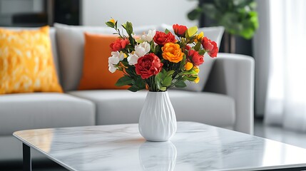 Colorful flowers in a vase on a marble coffee table in a modern living room