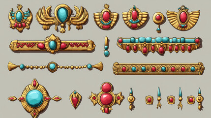 Egyptian game ui icon of border or divider. Cartoon vector illustration set of treasure ancient Egypt frame asset made of gold with red and turquoise gem stones. Pharaoh golden ornament and jewelry.