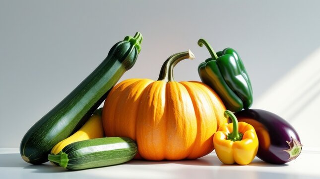brightly colored vegetables, including squash, zucchini, peppers, and eggplant
