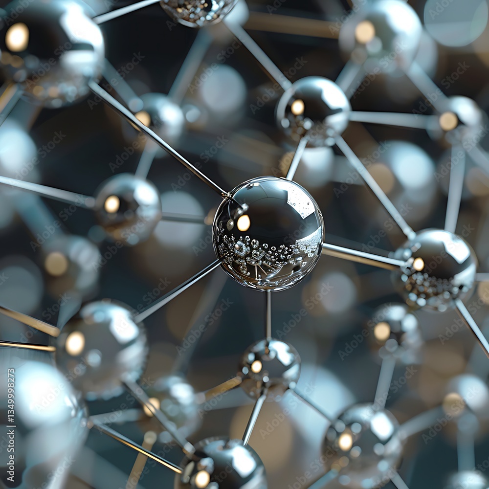 Poster abstract metallic sphere network. chrome balls connected by rods, molecular structure or network con