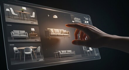 Hand interacting with furniture catalog on transparent display. Home interior design application showcasing modern living room ideas for renovation project.