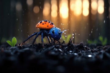 Obraz premium Vibrant insect on damp earth, illuminated by golden light. Water droplets accentuate the creature's vibrant colors