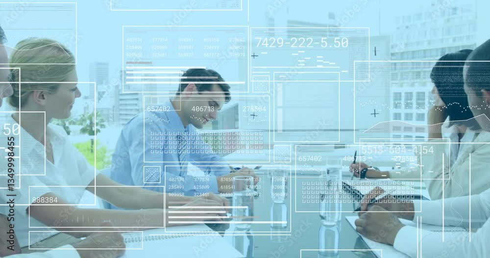 Poster collaborating in office, business team analyzing digital data with animation overlay