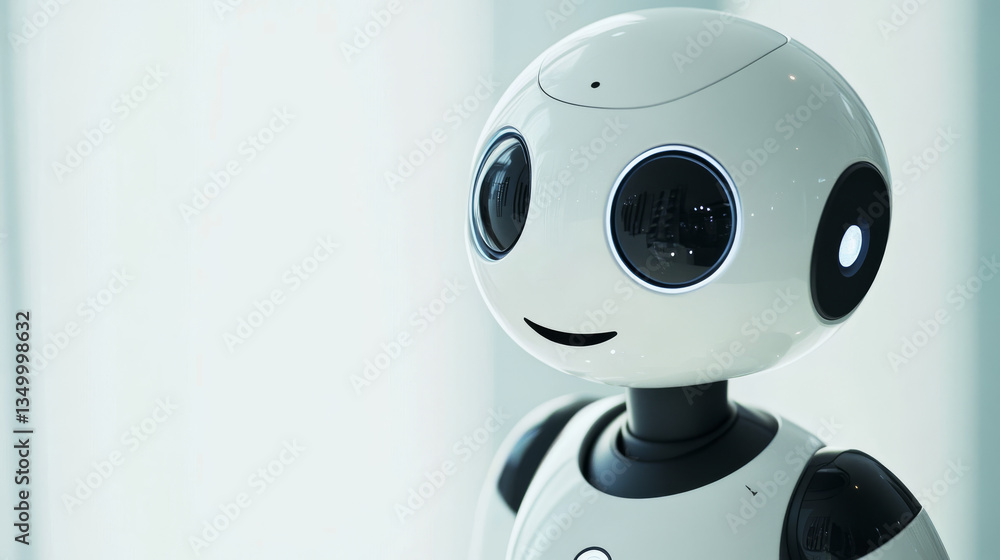 Poster robot in isometric style on blue background. vector flat service support chat bot. cartoon android w
